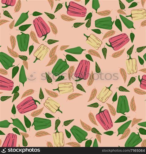 Vintage bell pepper seamless pattern on pink background. Pepper hand drawn wallpaper. Creative design for fabric, textile print, wrapping paper, textile. Vector illustration. Vintage bell pepper seamless pattern on pink background.