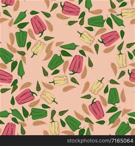 Vintage bell pepper seamless pattern on pink background. Pepper hand drawn wallpaper. Creative design for fabric, textile print, wrapping paper, textile. Vector illustration. Vintage bell pepper seamless pattern on pink background.
