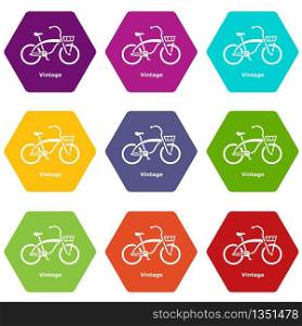 Vintage bicycle icons 9 set coloful isolated on white for web. Vintage bicycle icons set 9 vector
