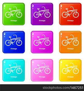 Vintage bicycle icons set 9 color collection isolated on white for any design. Vintage bicycle icons set 9 color collection