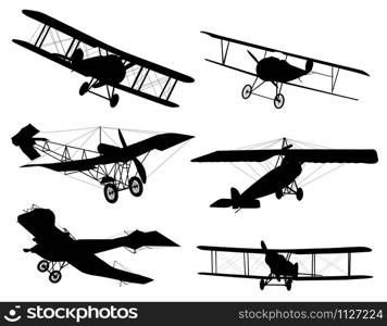 Vintage biplanes highly detailed silhouettes collection. Vector EPS 10. Vector biplanes silhouettes