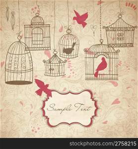 Vintage bird cages. Birds out of their cages concept vector