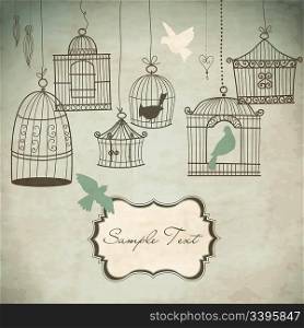 Vintage bird cages. Birds out of their cages concept vector