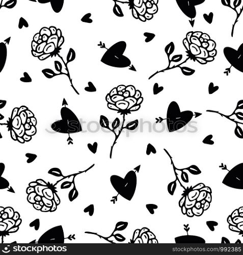 Vintage black and white roses background. Floral seamless pattern. Rose flowers and hearts pattern for textile design. Vintage black and white roses background. Floral seamless pattern. Rose flowers and hearts pattern for textile design.