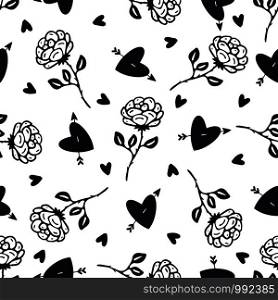Vintage black and white roses background. Floral seamless pattern. Rose flowers and hearts pattern for textile design. Vintage black and white roses background. Floral seamless pattern. Rose flowers and hearts pattern for textile design.