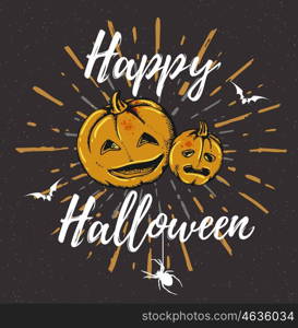 "Vintage black Halloween background with pumpkins. "Happy Halloween" lettering. Vector illustration."