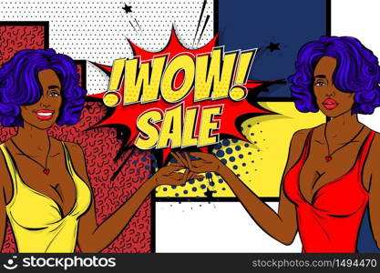 Vintage black pop art girl shopping. Halftone pattern comic book backdrop. Wow smiling face pop art woman. Comic speech bubble. Happy african woman with bags. Pin up art style.. Pop art woman retro girl happy face