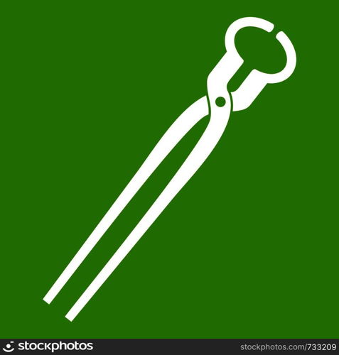Vintage blacksmith pincers icon white isolated on green background. Vector illustration. Vintage blacksmith pincers icon green