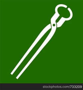 Vintage blacksmith pincers icon white isolated on green background. Vector illustration. Vintage blacksmith pincers icon green