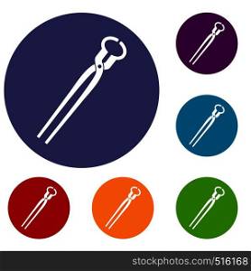 Vintage blacksmith pincers icons set in flat circle red, blue and green color for web. Vintage blacksmith pincers icons set