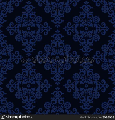 Vintage blue wallpaper with baroque ornamentation. Seamless vector background. Damask pattern for fabric, wallpaper or ceramic tiles.. Vintage blue wallpaper with baroque ornamentation.