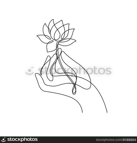 vintage boho hand holding lotus water lily decorative line art.continuous line drawing vector illustration
