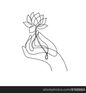 vintage boho hand holding lotus water lily decorative line art.continuous line drawing vector illustration