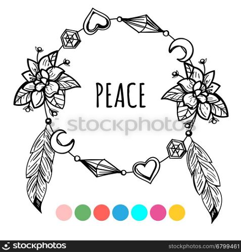 Vintage boho style coloring wreath. Vintage boho style coloring wreath and lettering sign peace. Vector illustration on white background