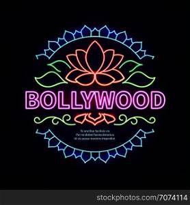 Vintage bollywood movie signboard. Glowing retro indian cinema neon vector sign. Illustration of bollywood cinema signboard. Vintage bollywood movie signboard. Glowing retro indian cinema neon vector sign