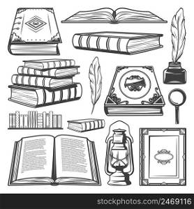 Vintage book elements collection with different books bookshelf feathers lantern and magnifier isolated vector illustration. Vintage Book Elements Collection