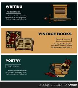 Vintage books and poetry web banners for bookshop or bookstore and literature library. Vector design of novel or fiction and adventure books writer quill pen or typewriter and medieval poetry skull. Vintage poetry books banners for bookshop or bookstore library of writing stationery