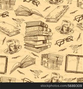 Vintage books sketch seamless pattern with bird feather tea cup and glasses vector illustration