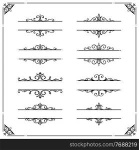 Vintage borders and frames with flourishes vector set. Elegant adornment, monochrome decor for wedding invitation cards or certificates. Embellishment in victorian style isolated on white background. Vintage borders and frames with vector flourishes