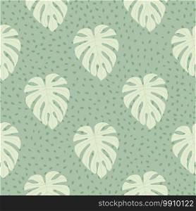 Vintage botanic seamless pattern with monstera doodle shapes. Light turquoise background with dots. Pastel tones floral print. For fabric design, textile print, wrapping, cover. Vector illustration. Vintage botanic seamless pattern with monstera doodle shapes. Light turquoise background with dots. Pastel tones floral print.