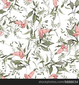Vintage botanical design with green leaves and pink flowers. Colorful vector template set. Realistic seamless light nature floral background for textile, fashion, fabric, wallpaper, wrapping,