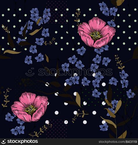 Vintage botanical design with leaves and pink roses flowers. Colorful vector template set. Realistic seamless nature floral background