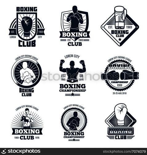 Vintage boxing sports club vector labels and badges. Emblem with boxer champion illustration. Vintage boxing sports club vector labels and badges