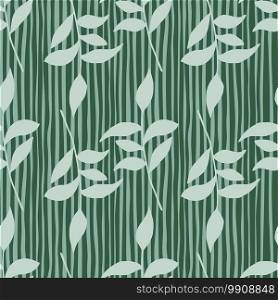 Vintage branch leaves seamless pattern. Hand drawn foliage with green stripped background. Creative print for wallpaper, textile, wrapping paper, fabric print. Vector illustration.. Vintage branch leaves seamless pattern. Hand drawn foliage with green stripped background.