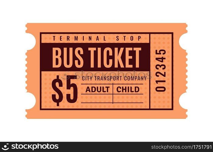 Vintage bus ticket. Old paper coupon. Public transport pass paper with separation line. Check for paid fare. Isolated orange sheet with black printed price and lettering. Vector urban transportation. Vintage bus ticket. Paper coupon. Public transport pass paper with separation line. Check for paid fare. Orange sheet with black printed price and lettering. Vector urban transportation