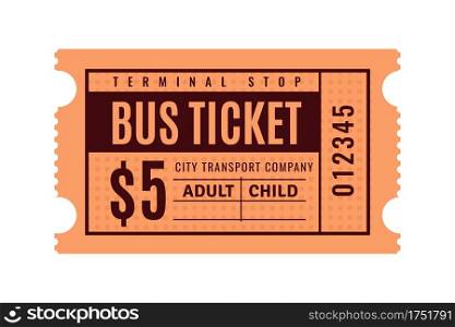 Vintage bus ticket. Old paper coupon. Public transport pass paper with separation line. Check for paid fare. Isolated orange sheet with black printed price and lettering. Vector urban transportation. Vintage bus ticket. Paper coupon. Public transport pass paper with separation line. Check for paid fare. Orange sheet with black printed price and lettering. Vector urban transportation