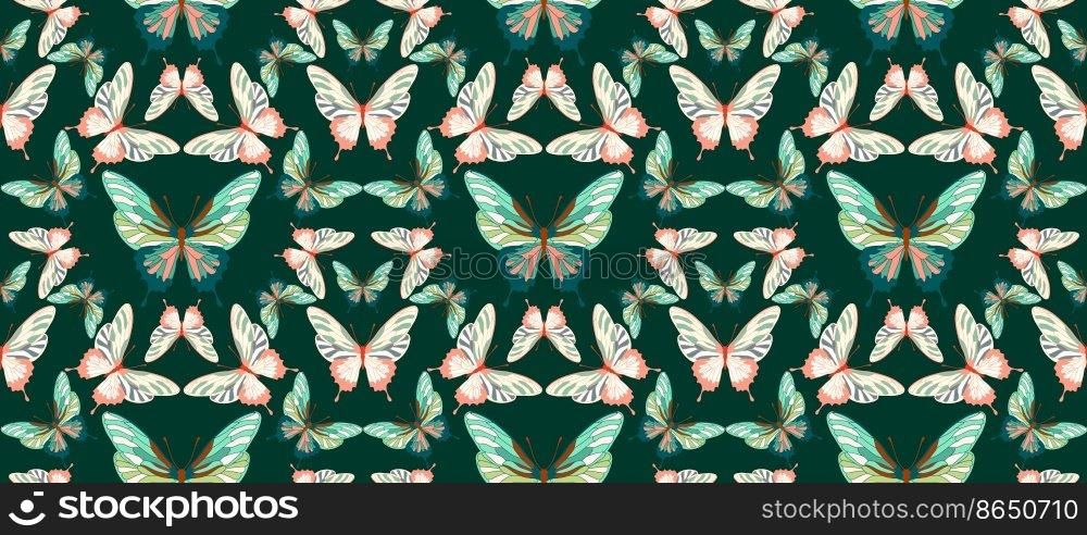 Vintage butterfly seamless pattern design on dark green background vector illustration