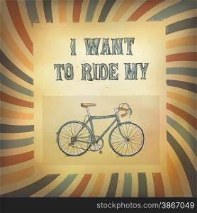 Vintage bycicle poster. On retro sunburst background