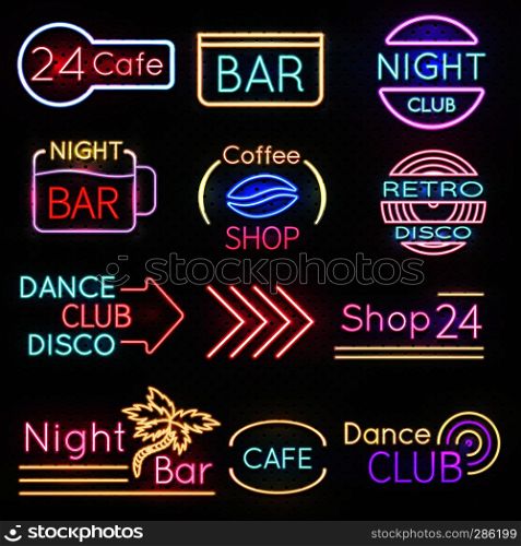 Vintage cafe and night club roadside neon signs vector set. Neon night light signboard roadside, club dance or coffee shop illustration. Vintage cafe and night club roadside neon signs vector set