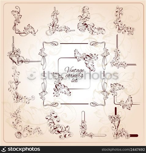 Vintage calligraphic classic corners set with floral scrolls isolated vector illustration