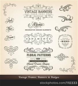 Vintage Calligraphic Design Banners. Illustration of a set of vintage calligraphic design elements, with floral shapes, patterns and old-fashioned frame design elements