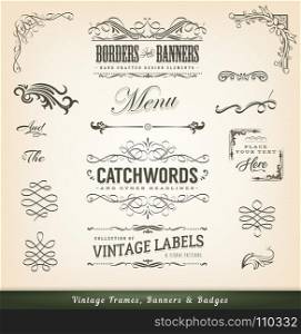 Vintage Calligraphic Frames And Banners. Illustration of a set of vintage corners and borders elements, with calligraphic floral shapes, patterns and old-fashioned frame design elements