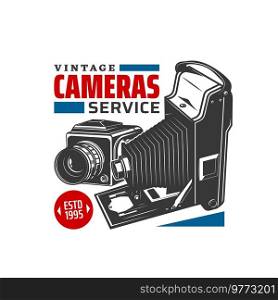 Vintage camera service icon, photography studio and photographer equipment shop vector sign. Old retro photo camera with flash or shutter and film, professional service and repair salon. Vintage camera service icon, photography studio