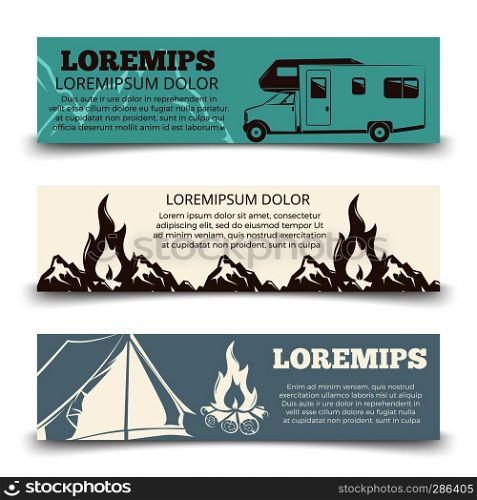 Vintage camping banners template collection. Poster of forest nature. Vector illustration. Vintage camping banners template collection
