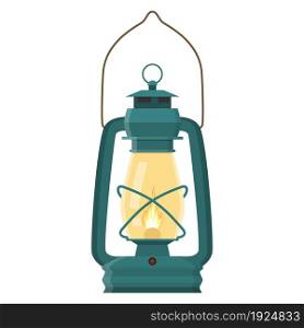 Vintage camping lantern isolated on white background. Retro gas lamp with glowing fire wick. Vector illustration in flat style. Vintage camping lantern
