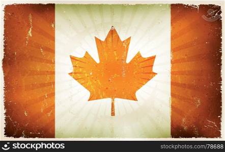 Vintage Canada Flag Poster Background. Illustration of the canadian flag poster, with red maple leaf, retro and vintage design, grunge textures for canada day holidays