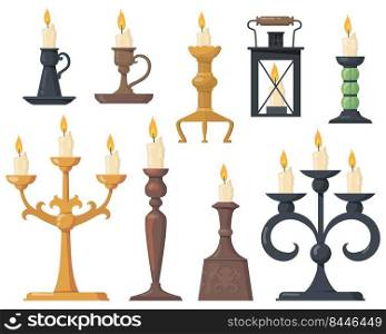 Vintage candles in candlesticks flat icon set. Cartoon elegant Victorian candelabras and retro holders for candles isolated vector illustration collection. Design elements and decoration concept