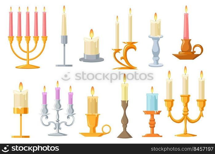 Vintage candles in candlesticks flat set. Cartoon retro elegant candle holders and candelabra isolated on white background vector illustration collection. Victorian interior accessories concept