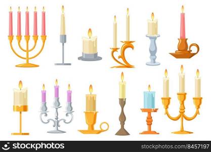 Vintage candles in candlesticks flat set. Cartoon retro elegant candle holders and candelabra isolated on white background vector illustration collection. Victorian interior accessories concept