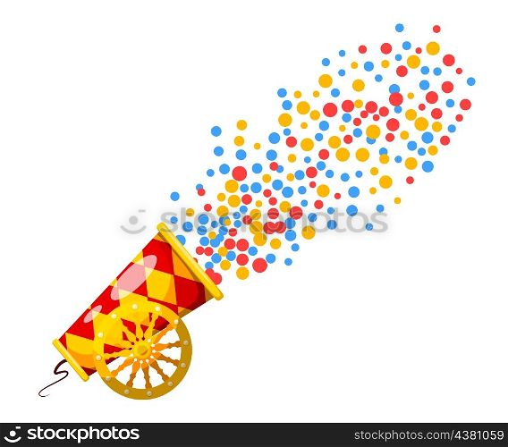 Vintage Cannon. Cartoon style. Image of an old cannon, which shoots the confetti. Weapons &#xA;of war and aggression. Stock vector illustration