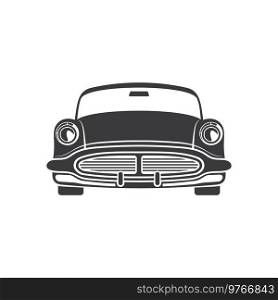 Vintage car of 1960s isolated retro vehicle icon. Vector old automobile front view, cabriolet coupe auto.. Retro vehicle front view icon isolated old car