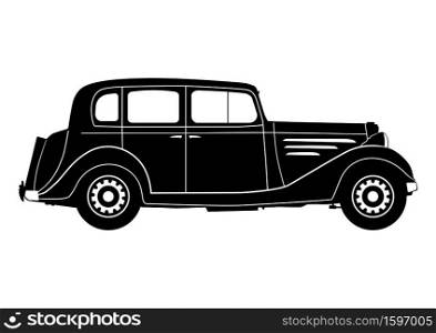 Vintage car. Silhouette of an old car from the 1930s. Side view. Flat vector.