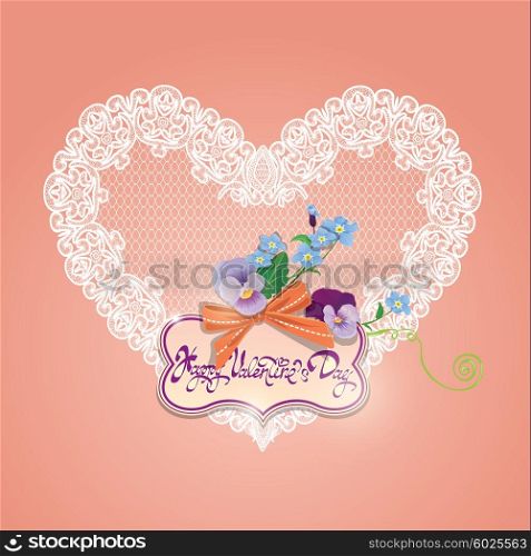 Vintage card, calligraphic text Happy Valentines Day. Bouquet of beautiful pansy and forget me not flowers, lace heart, bow and frame on pink background.