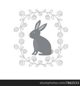 Vintage card, cute bunny and hand drawn wreath