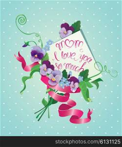 Vintage card, flowers, ribbon and old paper peace with handwritten calligraphic text - Mom I love you so much, on blue polka dots background. Design with love.