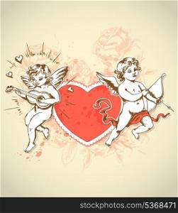 Vintage card for Valentine&rsquo;s Day with red heart and cupids